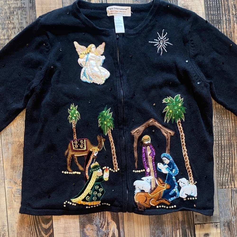 Vintage Tiara International Christmas Nativity Scene Black Sweater with sequins